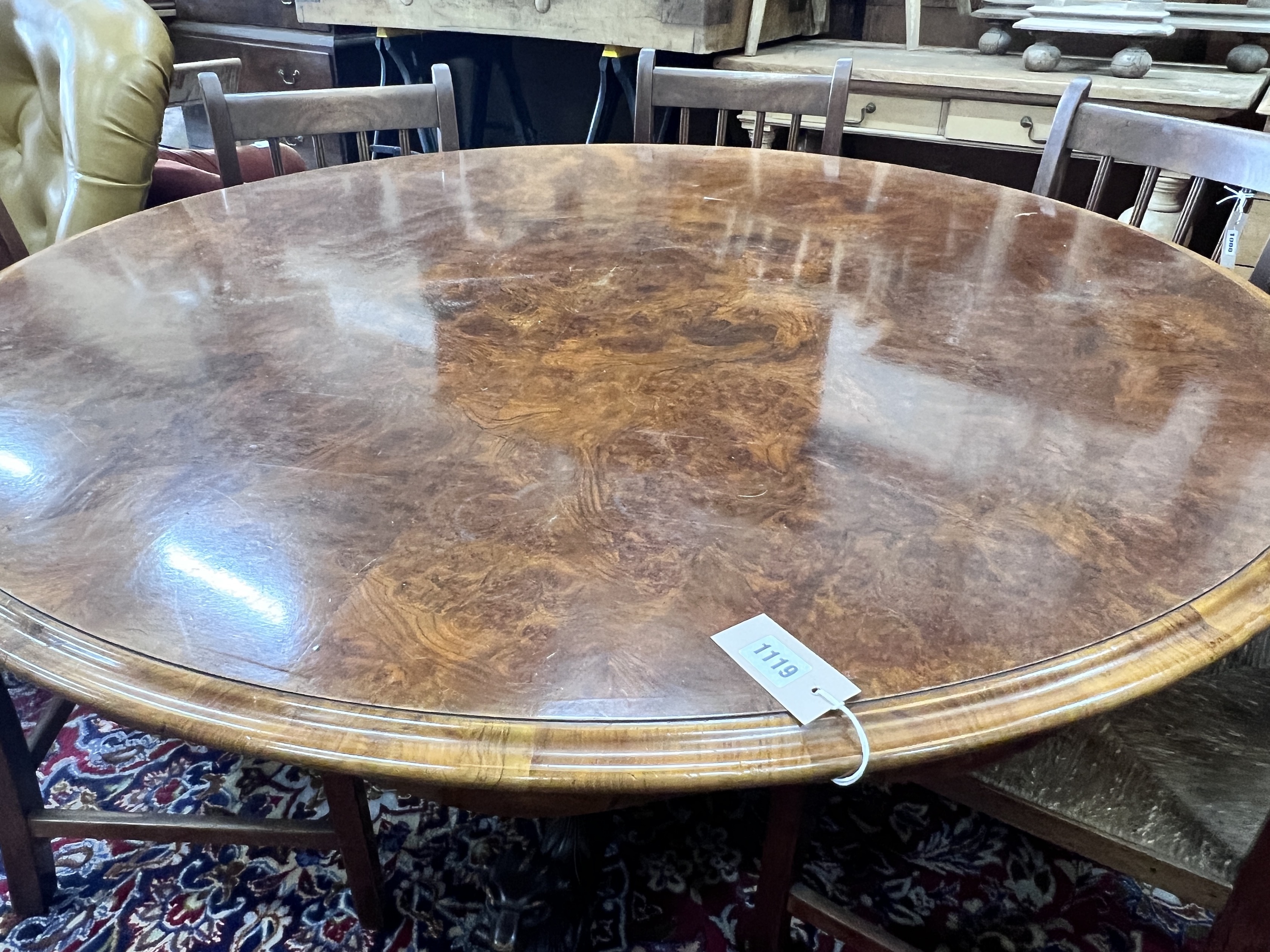 A Victorian circular burr walnut tilt top breakfast table, diameter 130cm, height 72cm